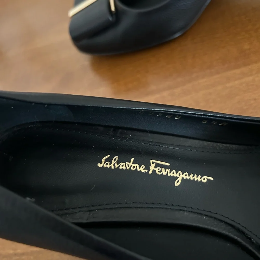 Salvatore Ferragamo Black Heeled Shoes with Gold Accent - Picture 2 of 7
